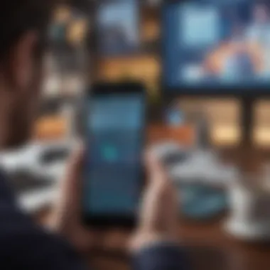 Investment Analysis Through Social Media Insights Investor analyzing stock trends on a mobile device