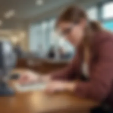 A young individual examining various checking account options at a bank.