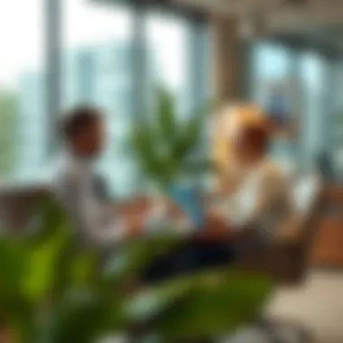 Illustration of a financial advisor discussing strategies with a client in a modern office setting