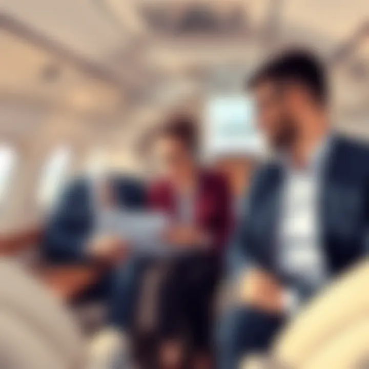 Business professionals discussing travel plans in a private jet